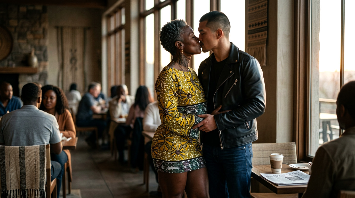 A couple sharing a kiss in a warm café
