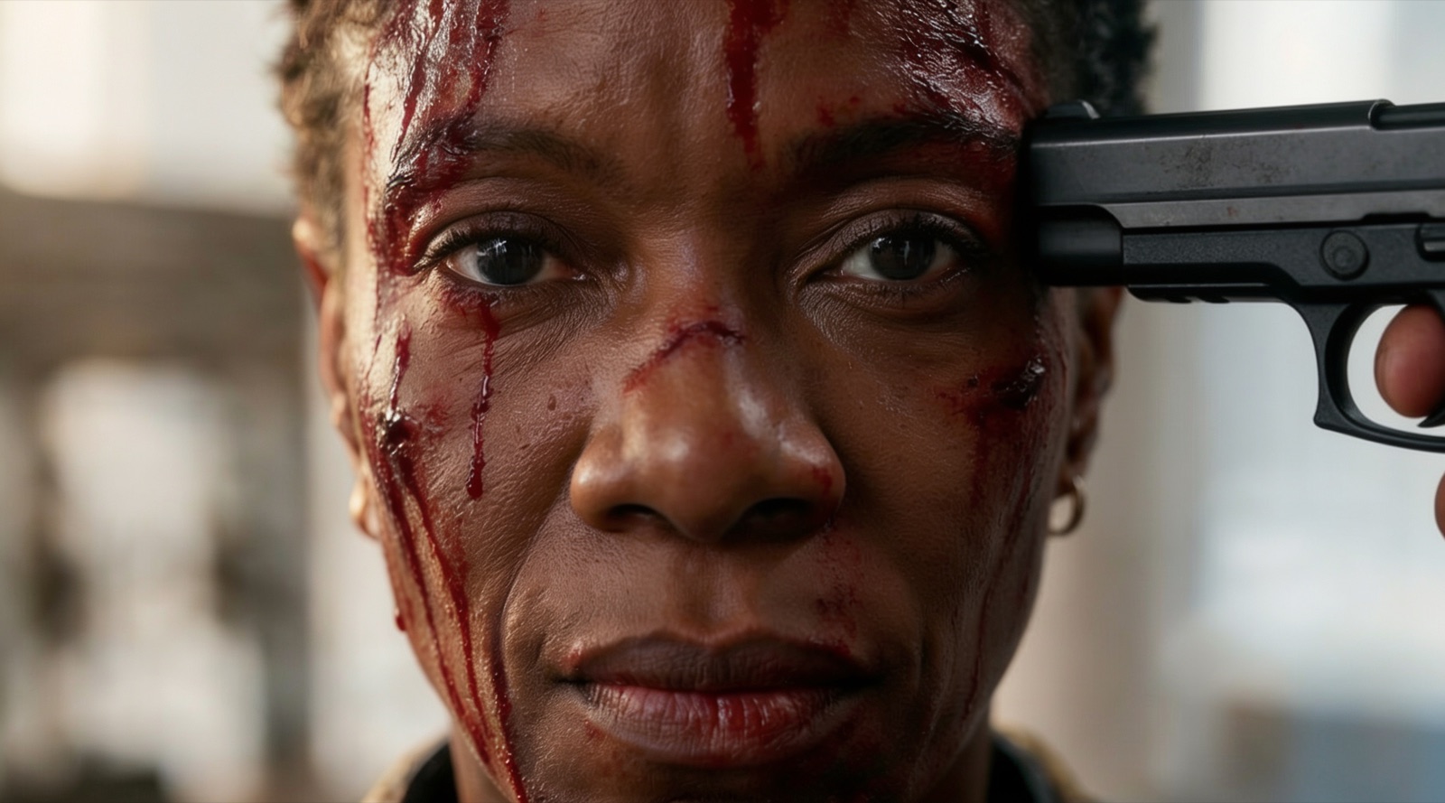 A bloodied woman with a pistol held to her forehead