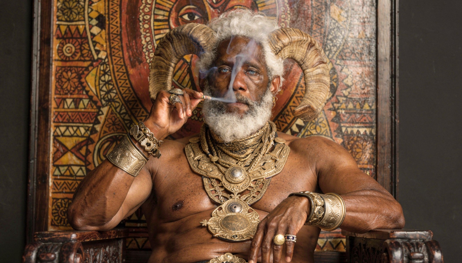 A horned elder adorned in gold seated on an ornate throne