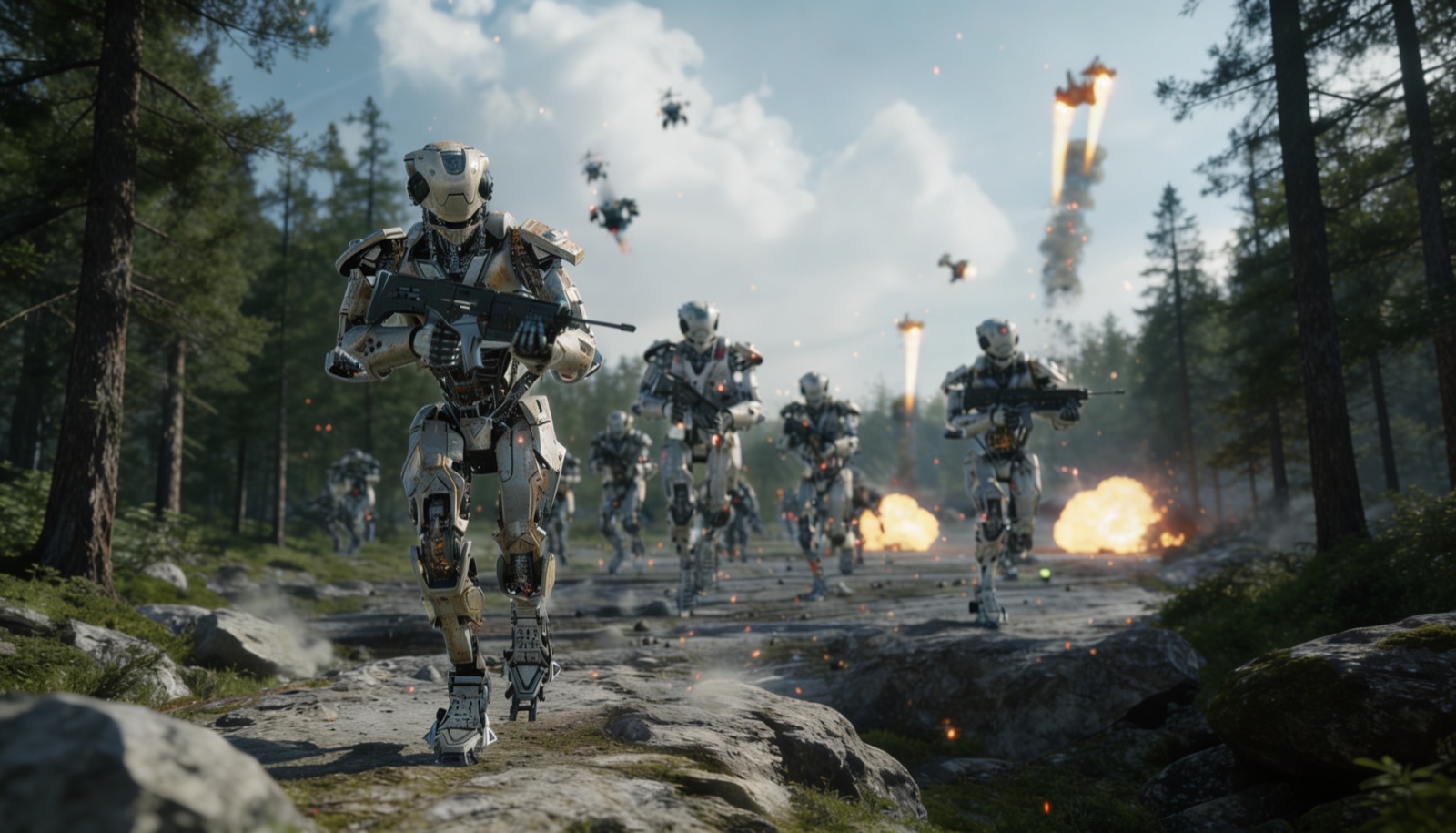 Armored robot soldiers advancing through a forest under fire